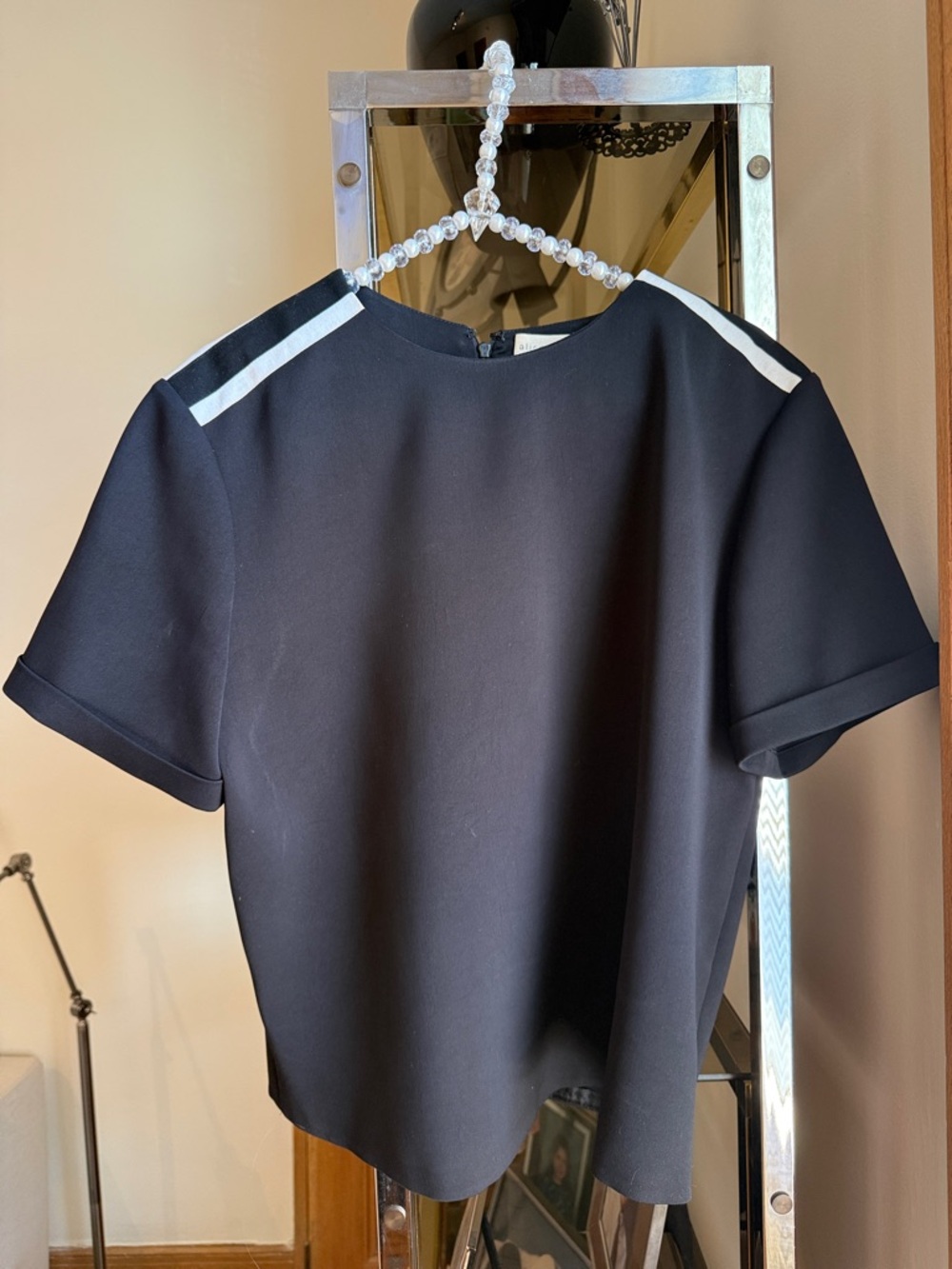 Alice + Olivia |  Black Short Sleeve Top with White Shoulder Stripe Size L